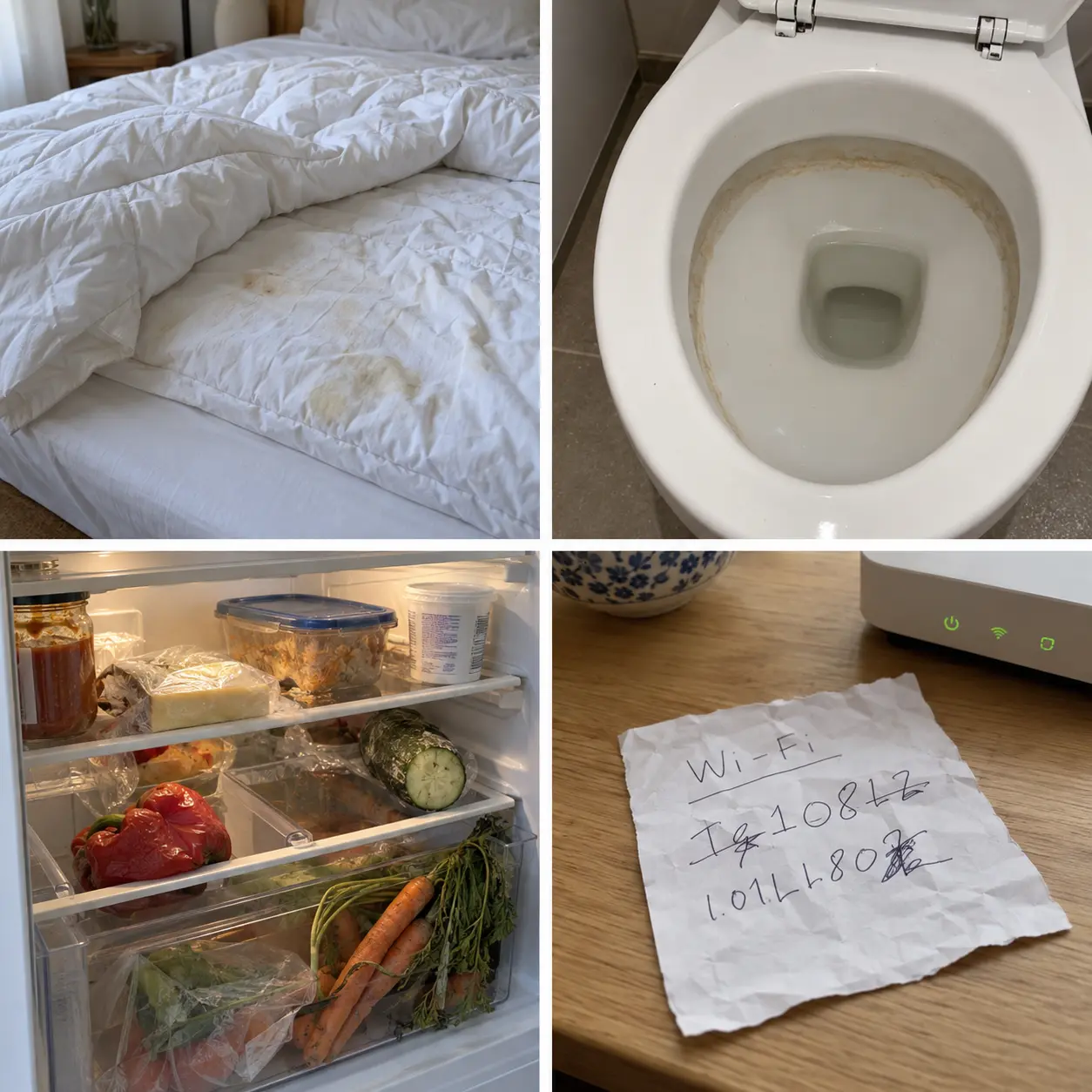 Billedspørgsmål om dyner, toilet, køleskab og Wi-Fi-kode